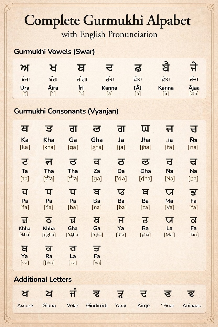 Complete Gurmukhi Alphabet with English Pronunciation